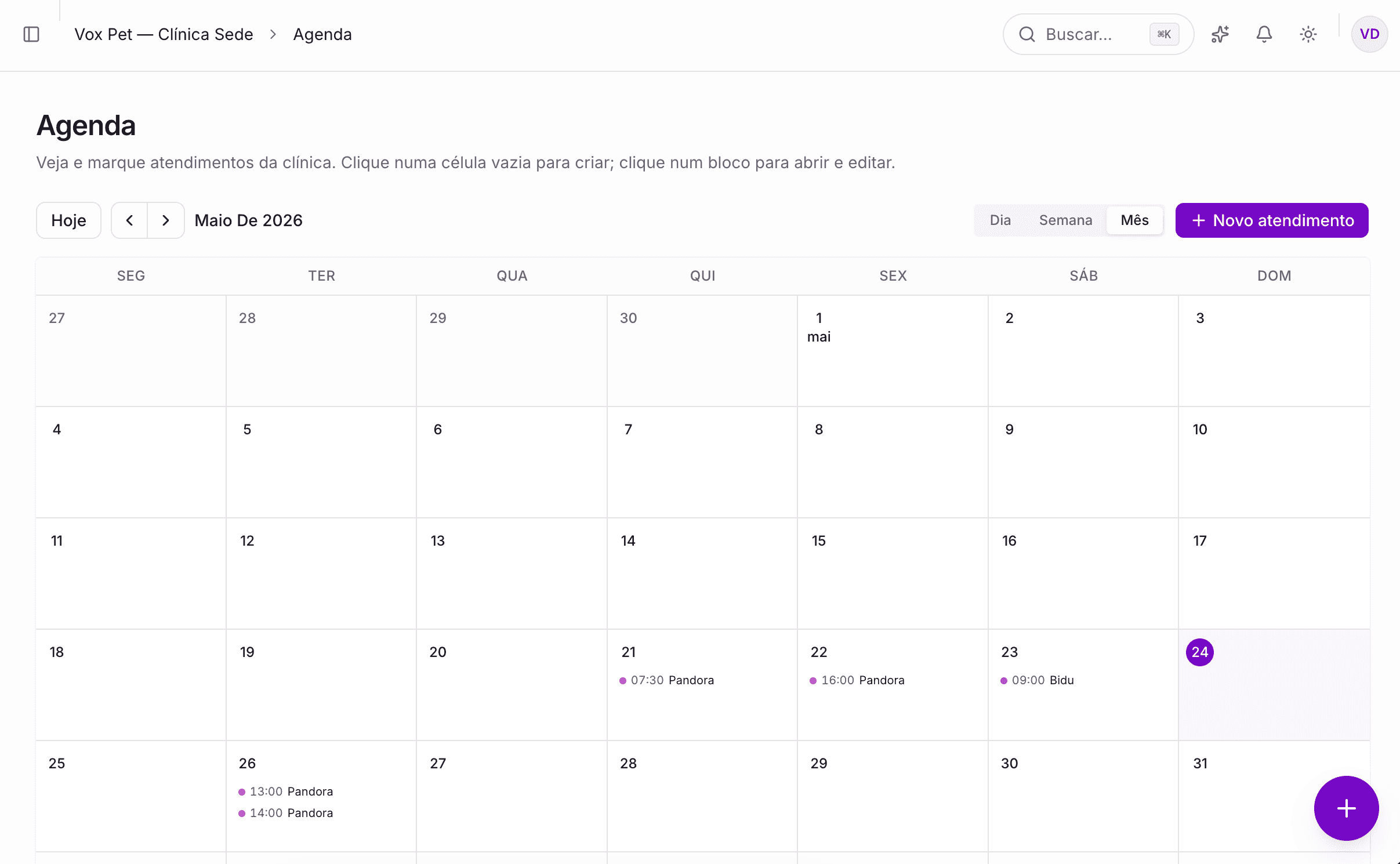 Tela do Vox: Agenda multi-profissional