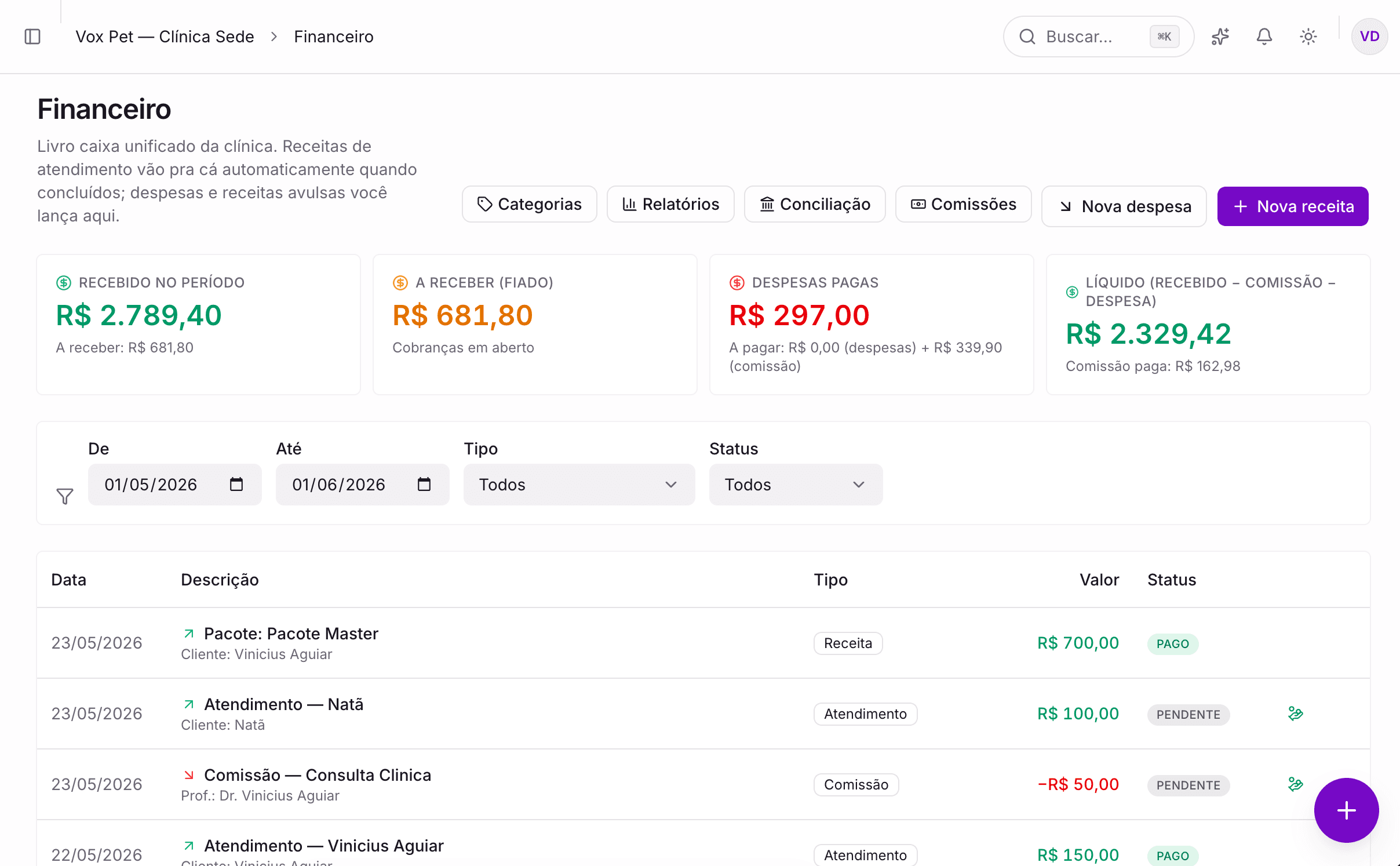 Tela do Vox: Vendas, recibo e financeiro