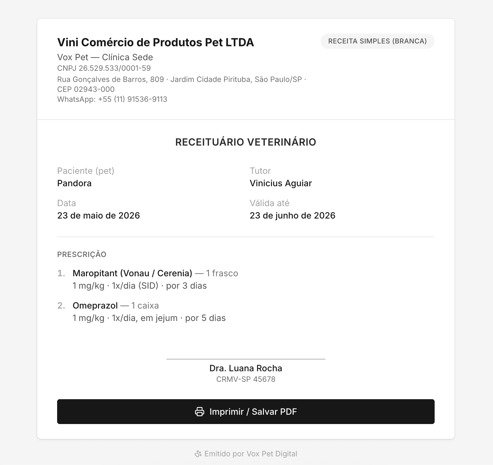 Tela do Vox: Receituário pronto pra imprimir